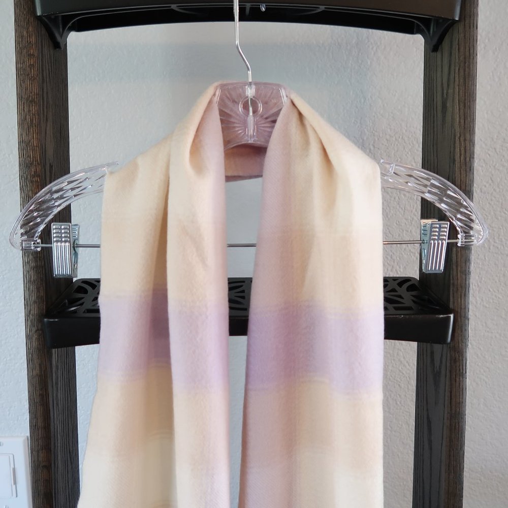 Lochcarron Cashmere Plaid Scarf From Scotland Purple , Tan & Off White/Cream - Picture 14 of 14